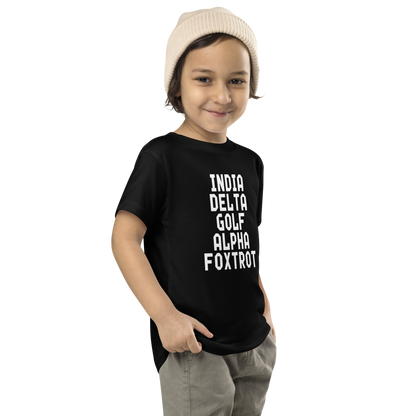 "India Delta Golf Alpha Foxtrot" printed on a black toddler short sleeve tee worn by a male who is also wearing a knit cap