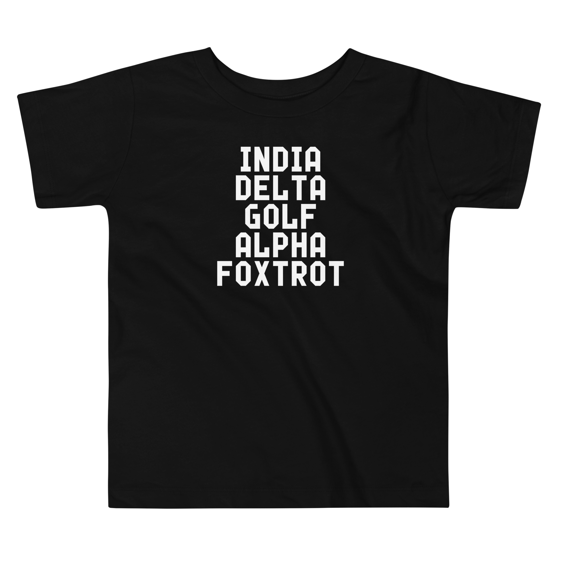 "India Delta Golf Alpha Foxtrot" printed on a black toddler short sleeve tee laying on a flat surface