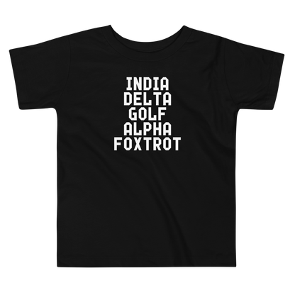 "India Delta Golf Alpha Foxtrot" printed on a black toddler short sleeve tee laying on a flat surface
