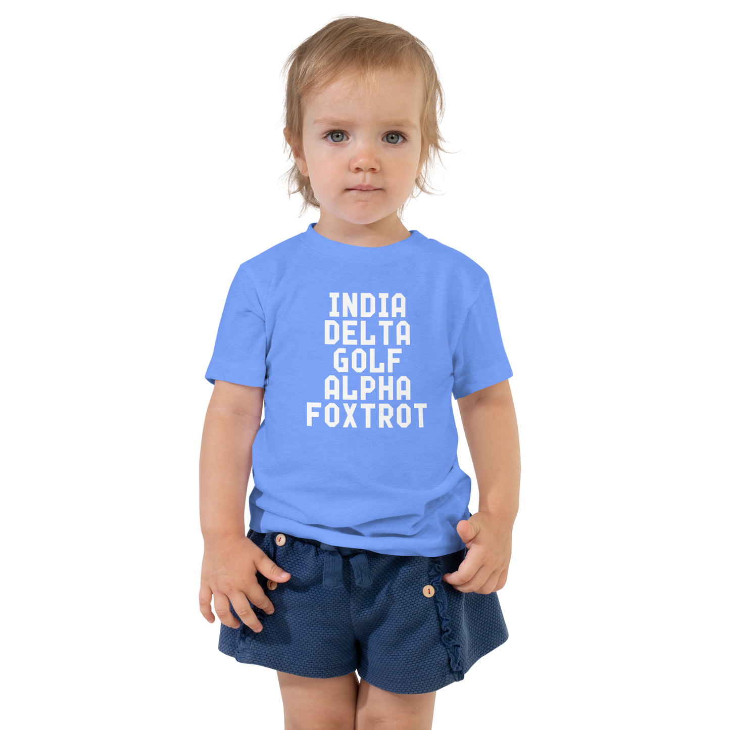 "India Delta Golf Alpha Foxtrot" printed on a heather columbia blue toddler short sleeve tee worn by a female