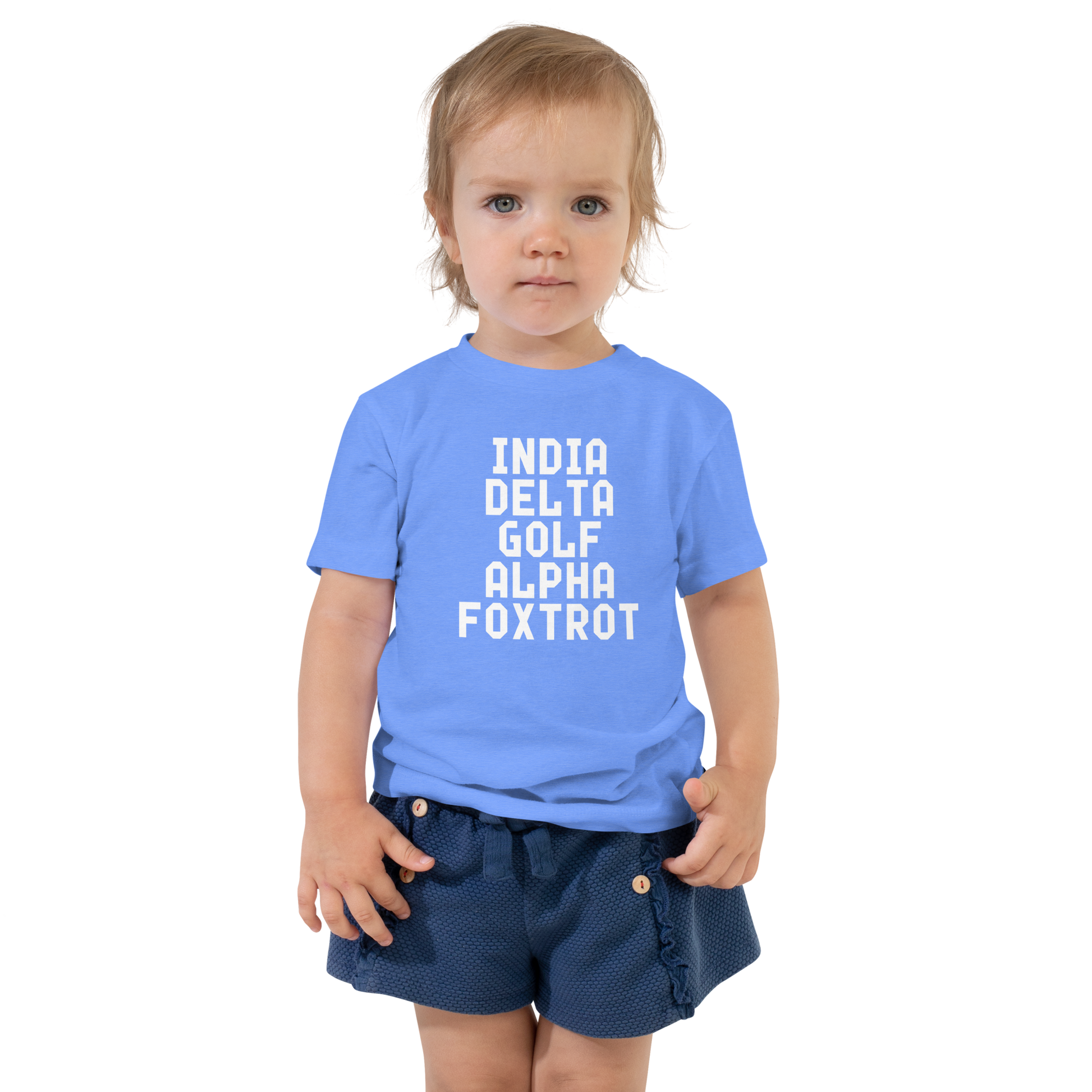 "India Delta Golf Alpha Foxtrot" printed on a heather columbia blue toddler short sleeve tee worn by a female