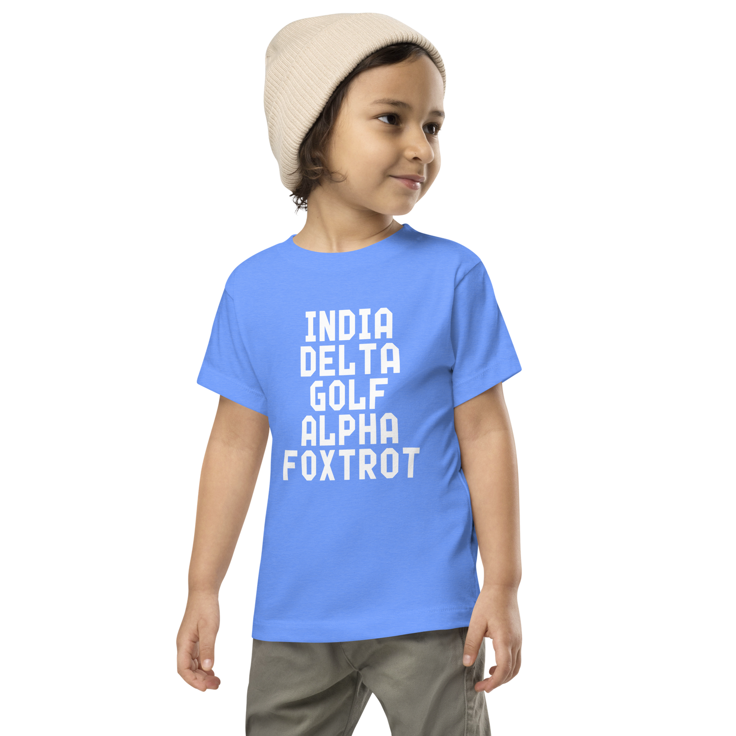 "India Delta Golf Alpha Foxtrot" printed on a heather columbia blue toddler short sleeve tee worn by a male wearing a cap