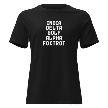 "India Delta Golf Alpha Foxtrot" printed on a black on an invisible / simulated body