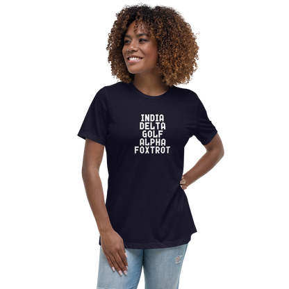"India Delta Golf Alpha Foxtrot" printed on a navy women's relaxed t-shirt worn by a female