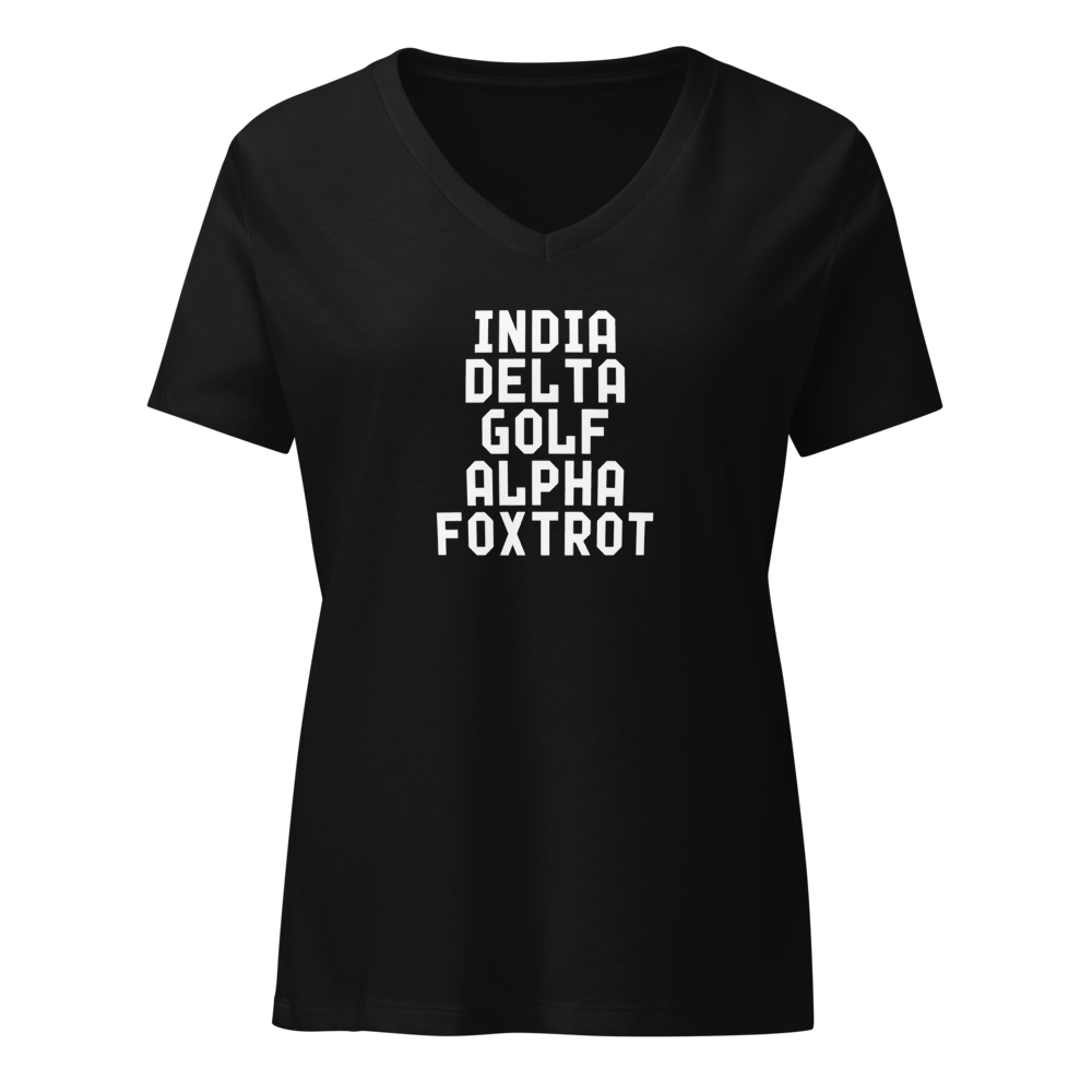 "India Delta Golf Alpha Foxtrot" printed on a solid black blend on an invisible / simulated body
