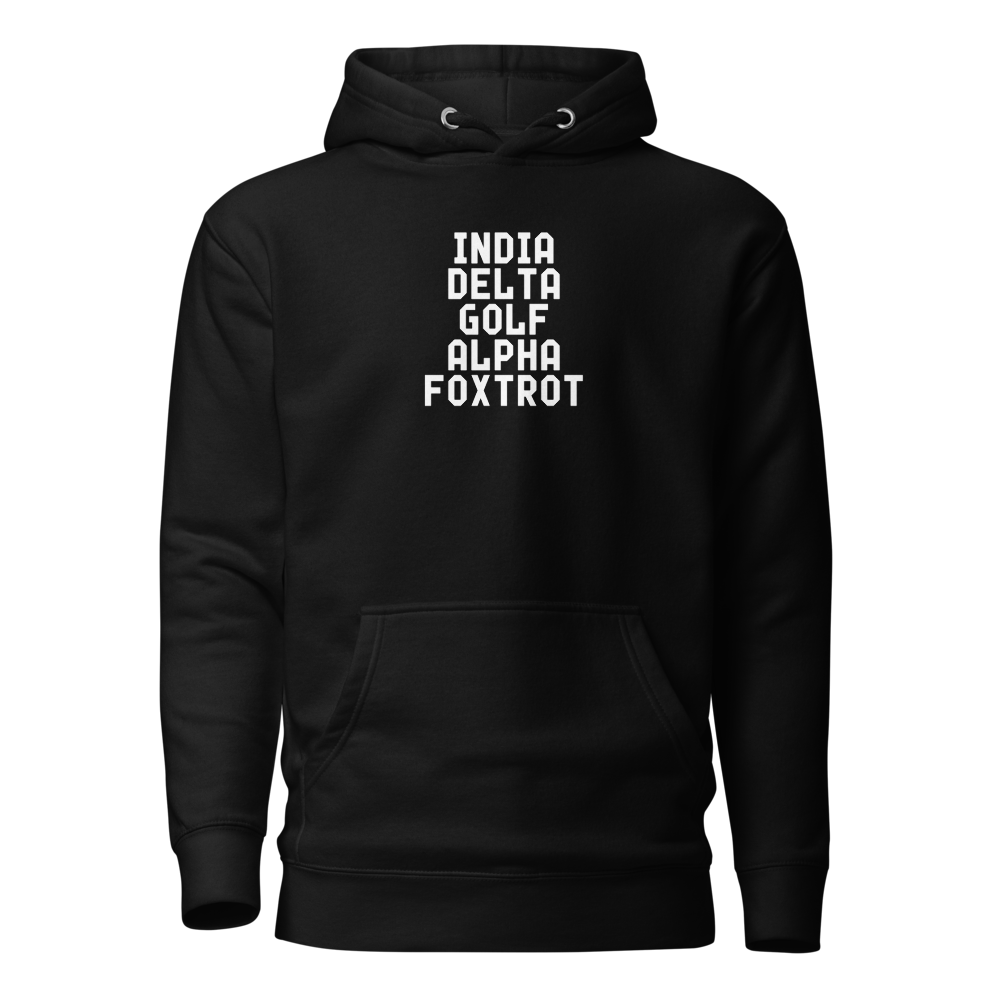 "India Delta Golf Alpha Foxtrot" printed on a black on an invisible / simulated body