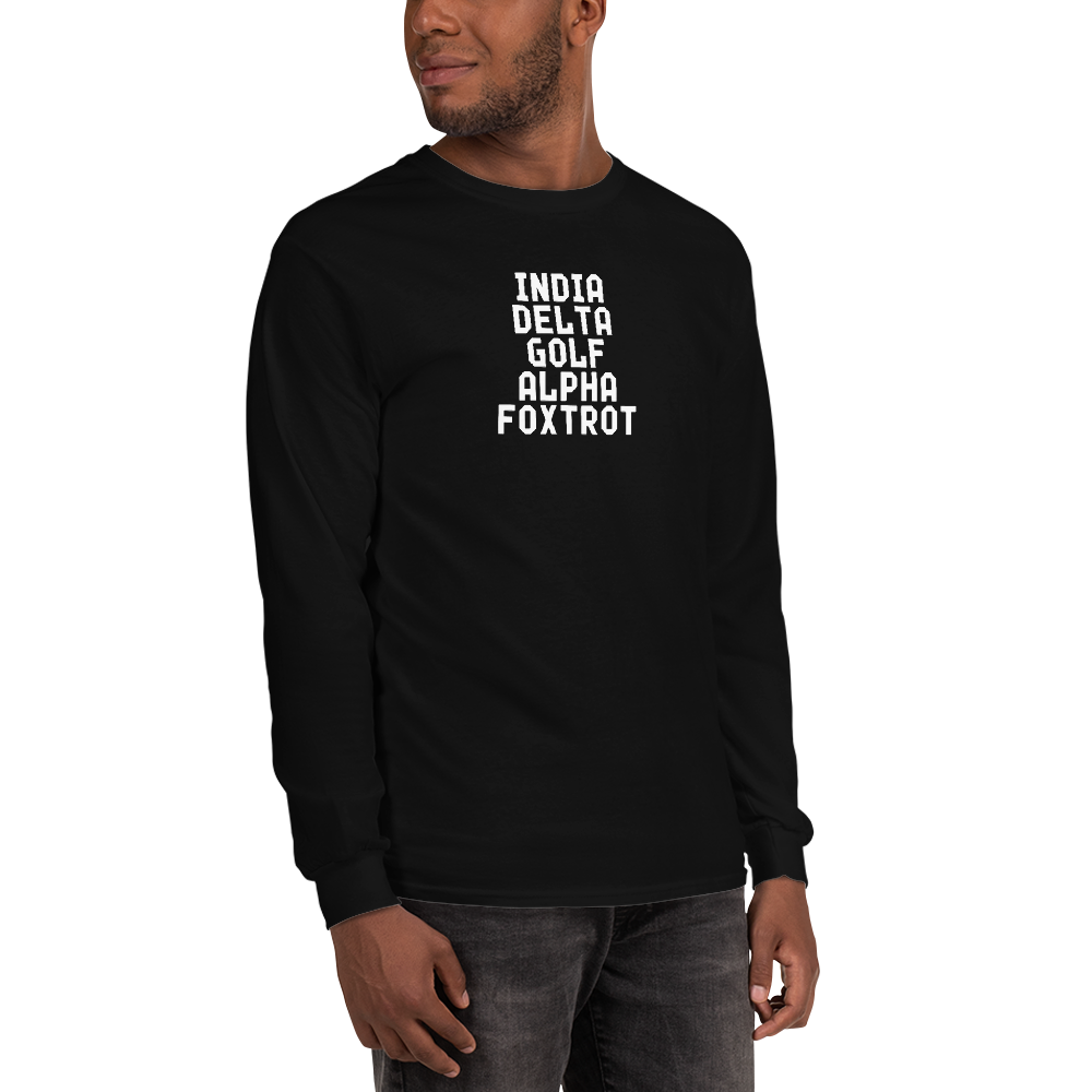 "India Delta Golf Alpha Foxtrot" printed on a black men's long sleeve shirt worn by a male