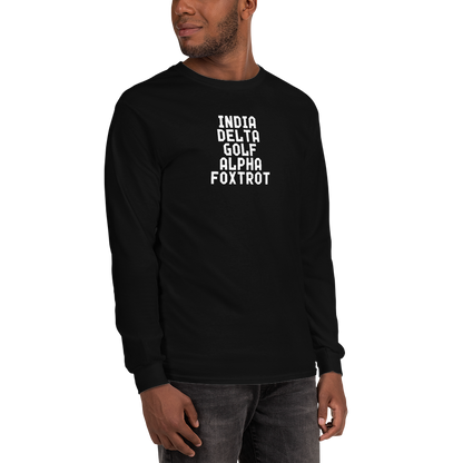 "India Delta Golf Alpha Foxtrot" printed on a black men's long sleeve shirt worn by a male