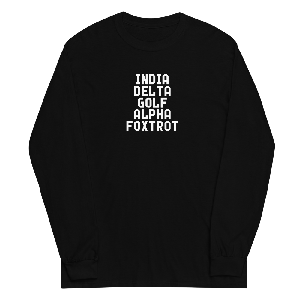 "India Delta Golf Alpha Foxtrot" printed on a black men's long sleeve shirt laying on a flat surface