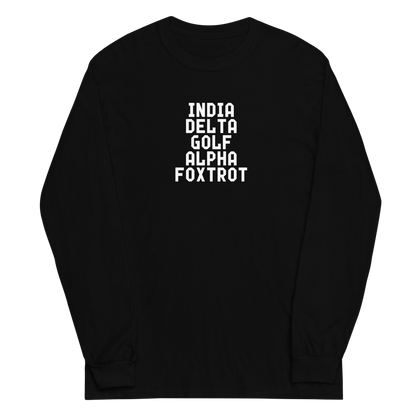 "India Delta Golf Alpha Foxtrot" printed on a black men's long sleeve shirt laying on a flat surface
