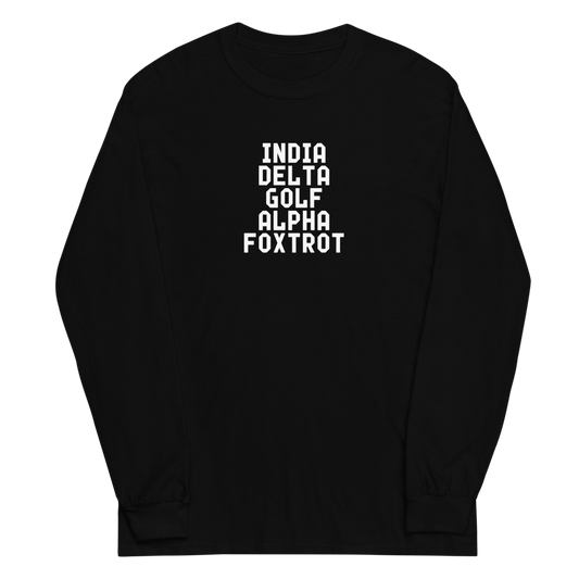 "India Delta Golf Alpha Foxtrot" printed on a black men's long sleeve shirt laying on a flat surface