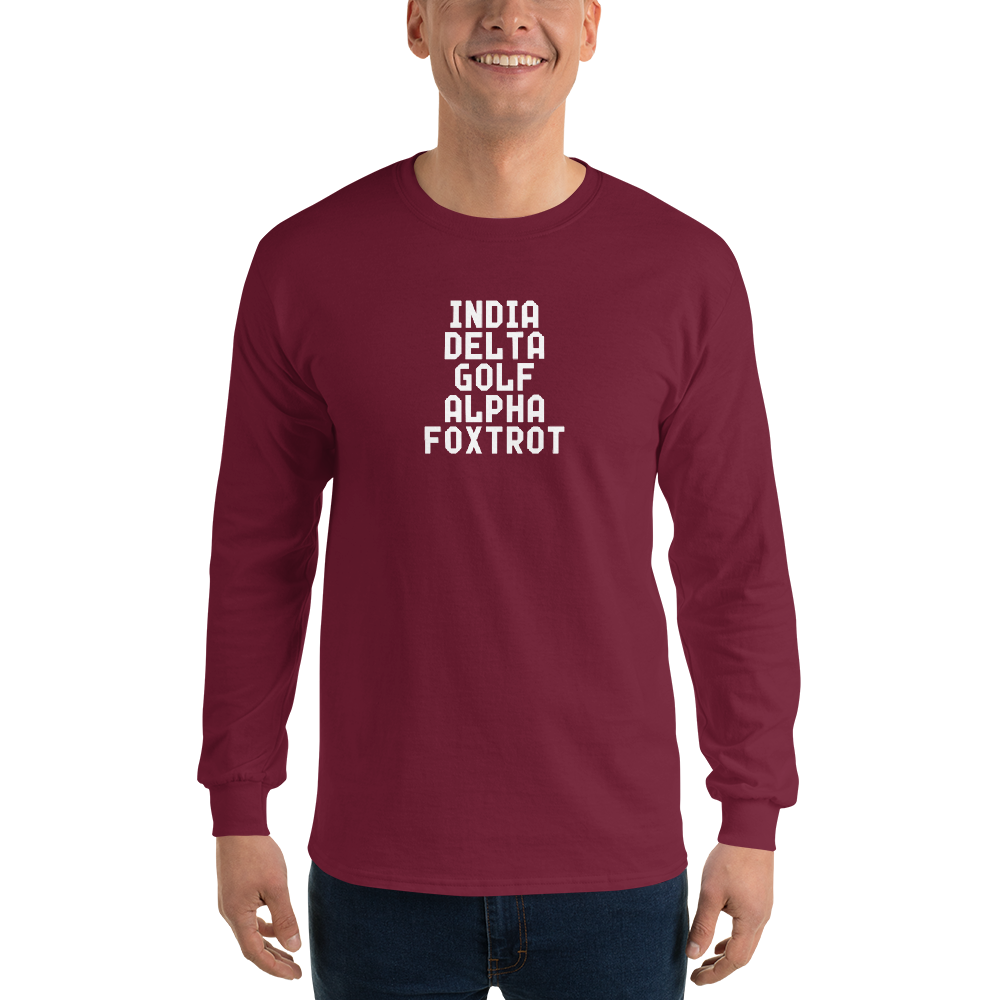 "India Delta Golf Alpha Foxtrot" printed on a maroon men's long sleeve shirt worn by a male