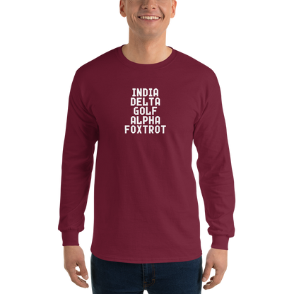 "India Delta Golf Alpha Foxtrot" printed on a maroon men's long sleeve shirt worn by a male