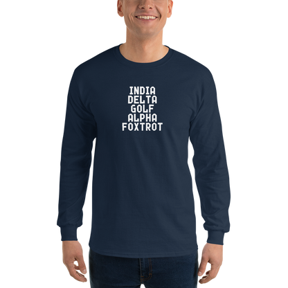 "India Delta Golf Alpha Foxtrot" printed on a navy men's long sleeve shirt worn by a male