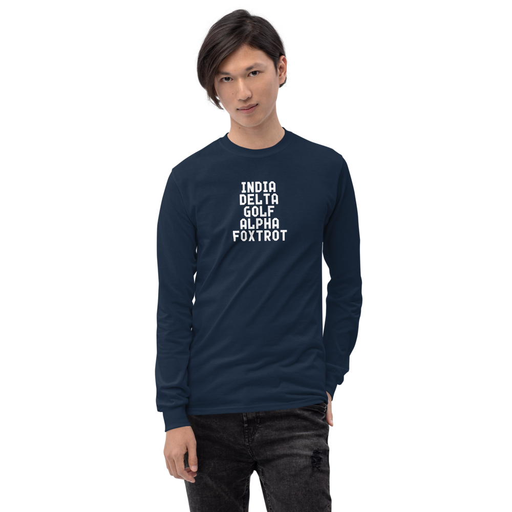 "India Delta Golf Alpha Foxtrot" printed on a navy men's long sleeve shirt worn by a male
