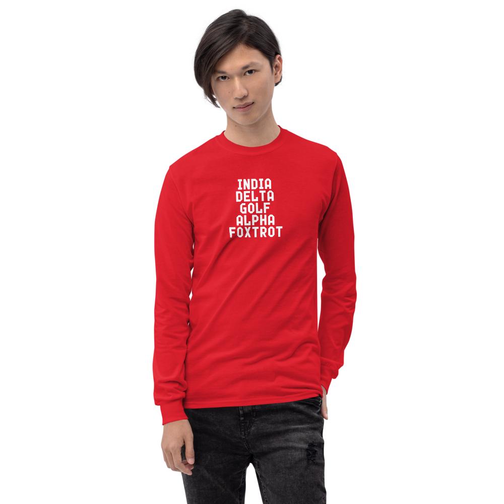 "India Delta Golf Alpha Foxtrot" printed on a red men's long sleeve shirt worn by a male