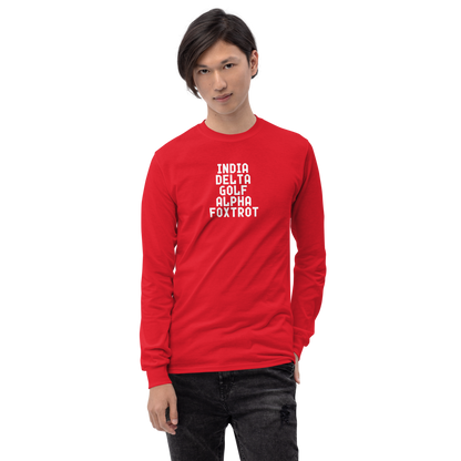 "India Delta Golf Alpha Foxtrot" printed on a red men's long sleeve shirt worn by a male