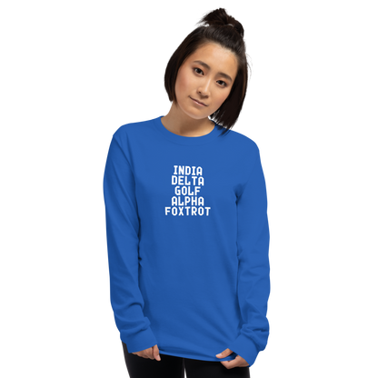 "India Delta Golf Alpha Foxtrot" printed on a royal men's long sleeve shirt worn by a female