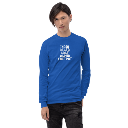 "India Delta Golf Alpha Foxtrot" printed on a royal men's long sleeve shirt worn by a male