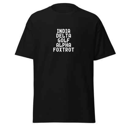 "India Delta Golf Alpha Foxtrot" printed on a black on an invisible body