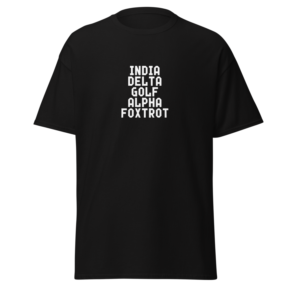 "India Delta Golf Alpha Foxtrot" printed on a black on an invisible body