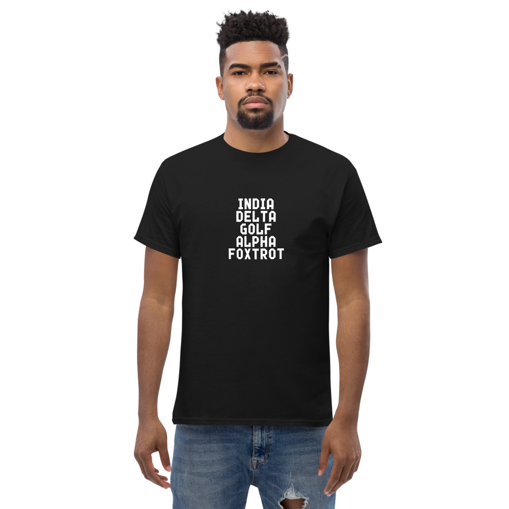 "India Delta Golf Alpha Foxtrot" printed on a black unisex classic tee worn by a male