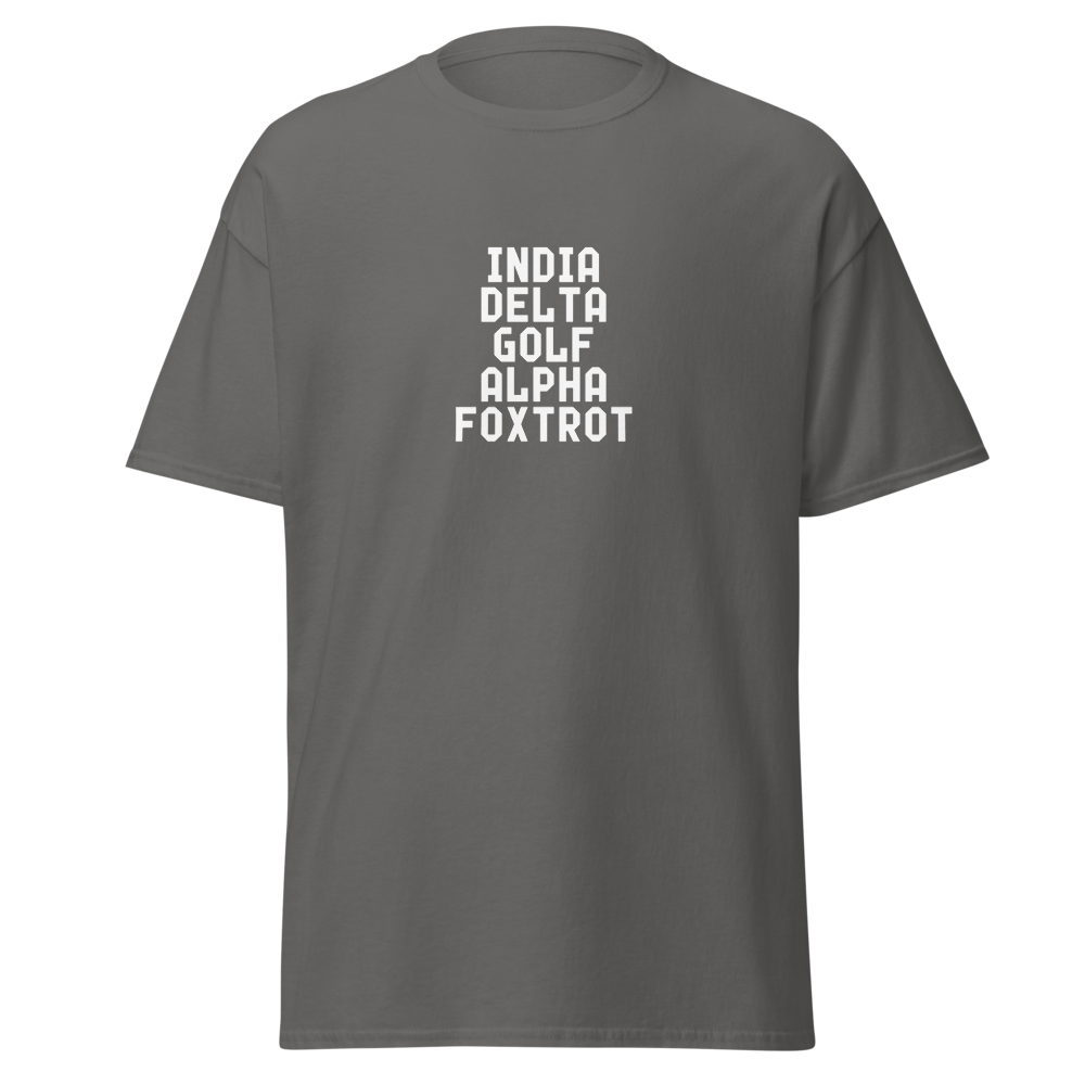 "India Delta Golf Alpha Foxtrot" printed on a charcoal on an invisible body