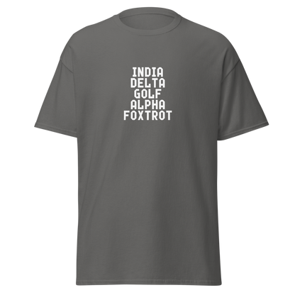 "India Delta Golf Alpha Foxtrot" printed on a charcoal on an invisible body