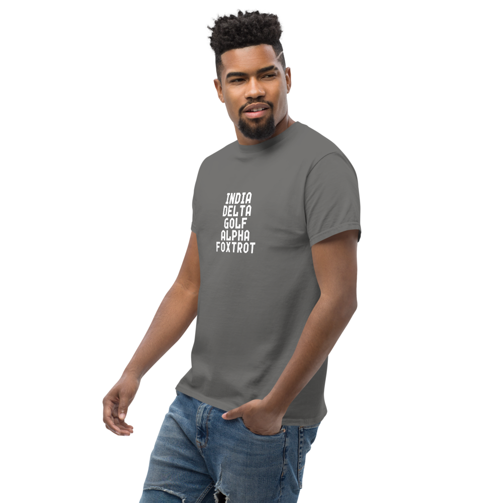 "India Delta Golf Alpha Foxtrot" printed on a charcoal unisex classic tee worn by a male