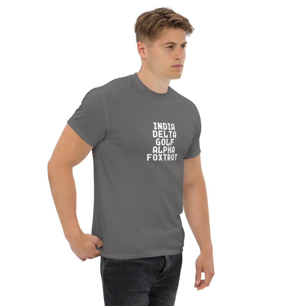 "India Delta Golf Alpha Foxtrot" printed on a charcoal unisex classic tee worn by a male