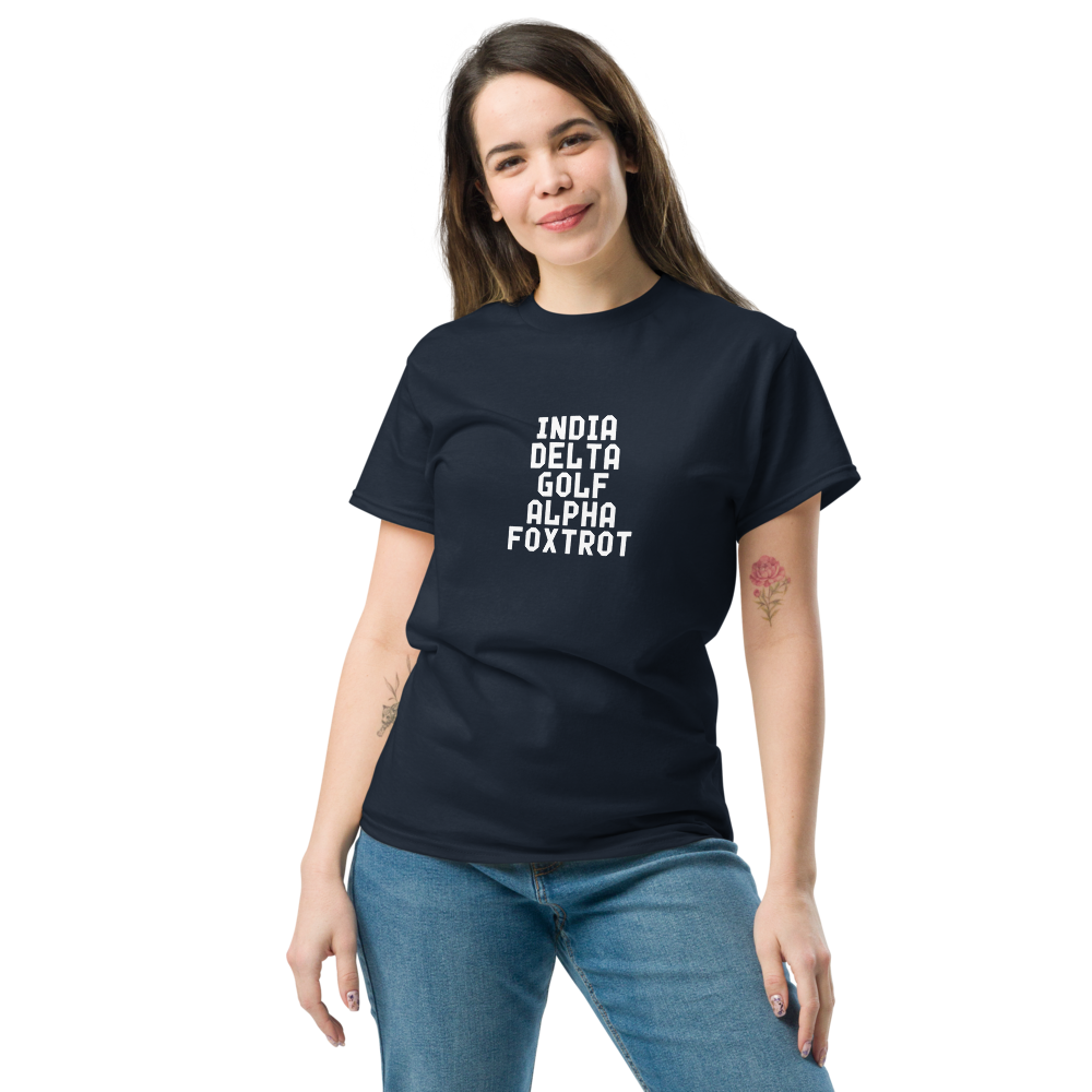 "India Delta Golf Alpha Foxtrot" printed on a navy unisex classic tee worn by a female