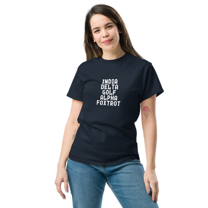 "India Delta Golf Alpha Foxtrot" printed on a navy unisex classic tee worn by a female