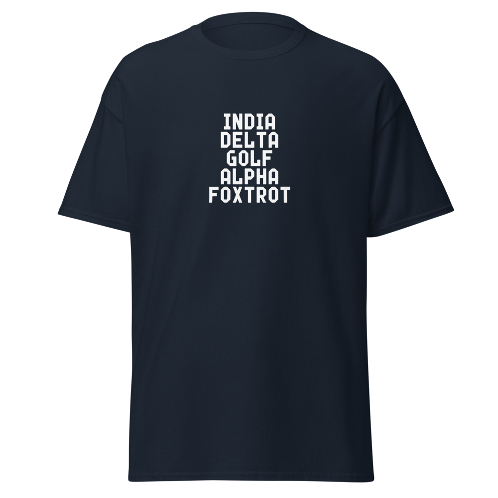 "India Delta Golf Alpha Foxtrot" printed on a navy on an invisible body