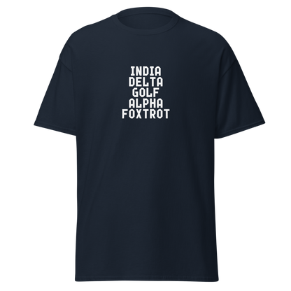 "India Delta Golf Alpha Foxtrot" printed on a navy on an invisible body