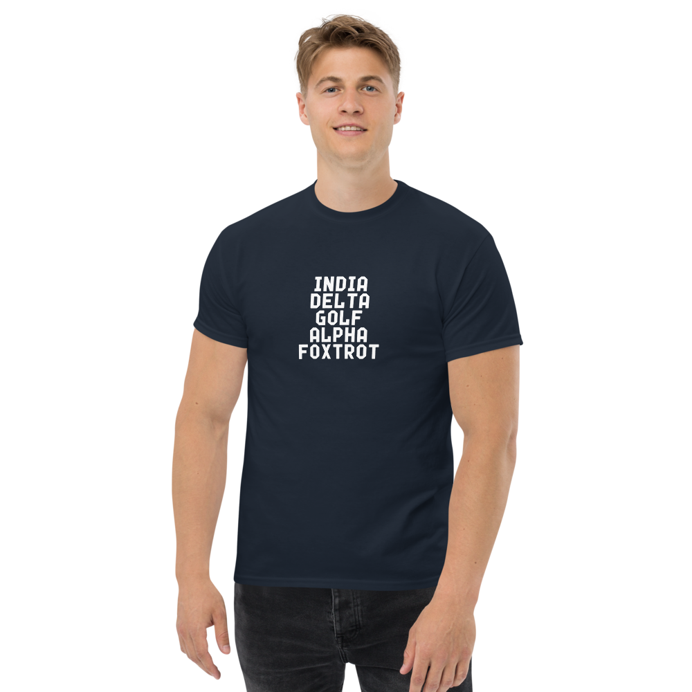 "India Delta Golf Alpha Foxtrot" printed on a navy unisex classic tee worn by a male