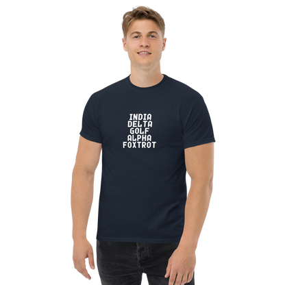 "India Delta Golf Alpha Foxtrot" printed on a navy unisex classic tee worn by a male