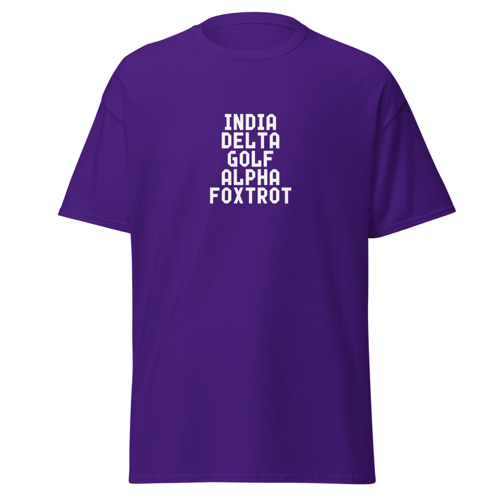 "India Delta Golf Alpha Foxtrot" printed on a purple on an invisible body