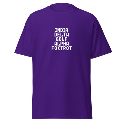 "India Delta Golf Alpha Foxtrot" printed on a purple on an invisible body