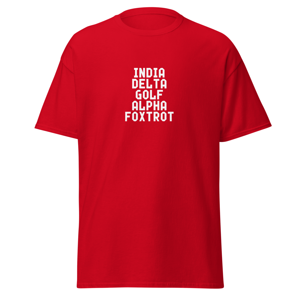 "India Delta Golf Alpha Foxtrot" printed on a red on an invisible body