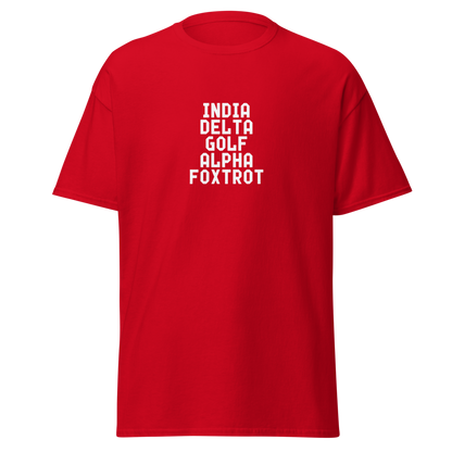 "India Delta Golf Alpha Foxtrot" printed on a red on an invisible body