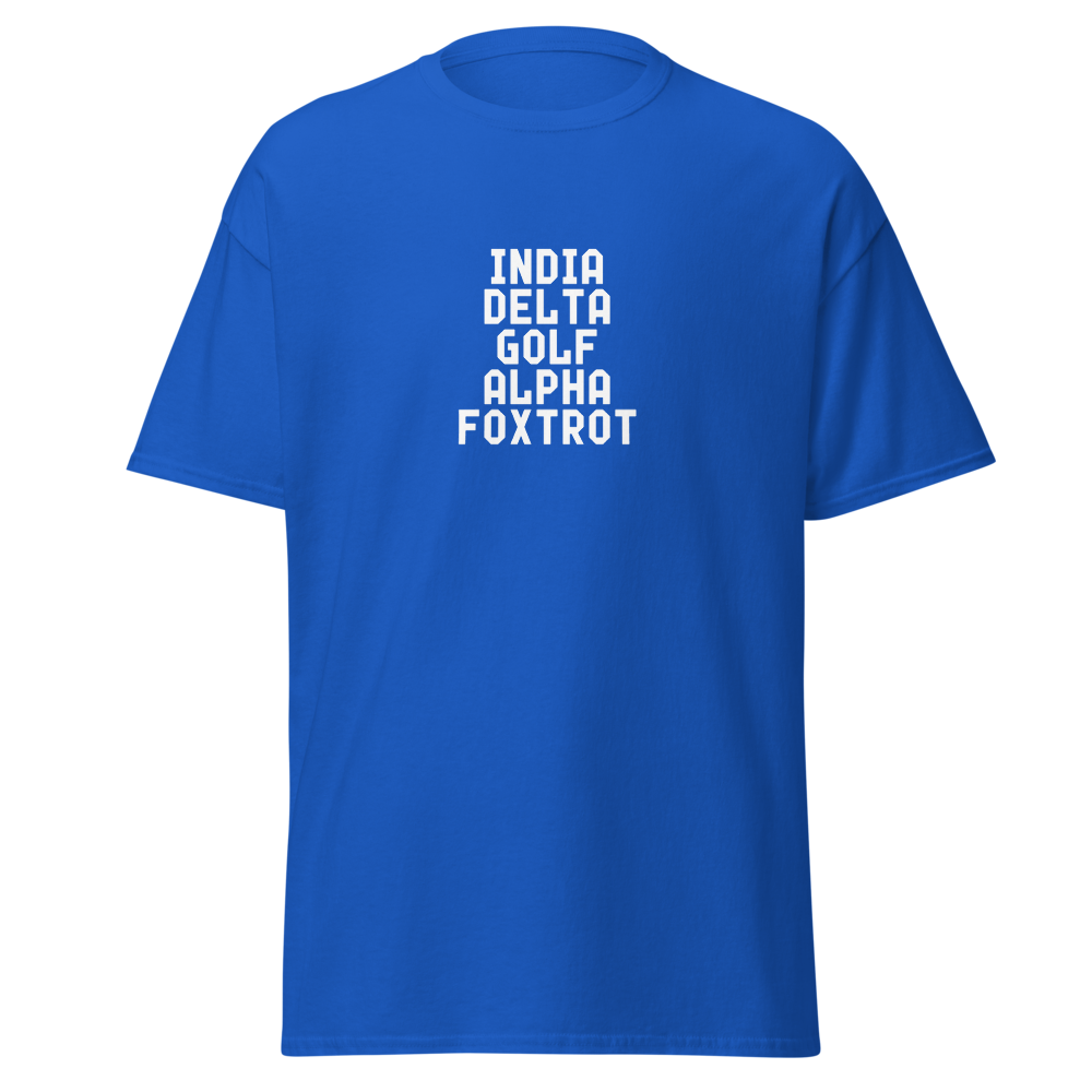 "India Delta Golf Alpha Foxtrot" printed on a royal on an invisible body