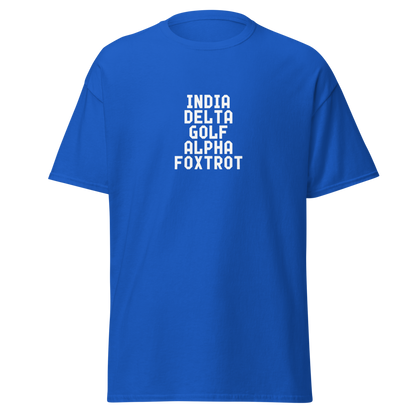 "India Delta Golf Alpha Foxtrot" printed on a royal on an invisible body
