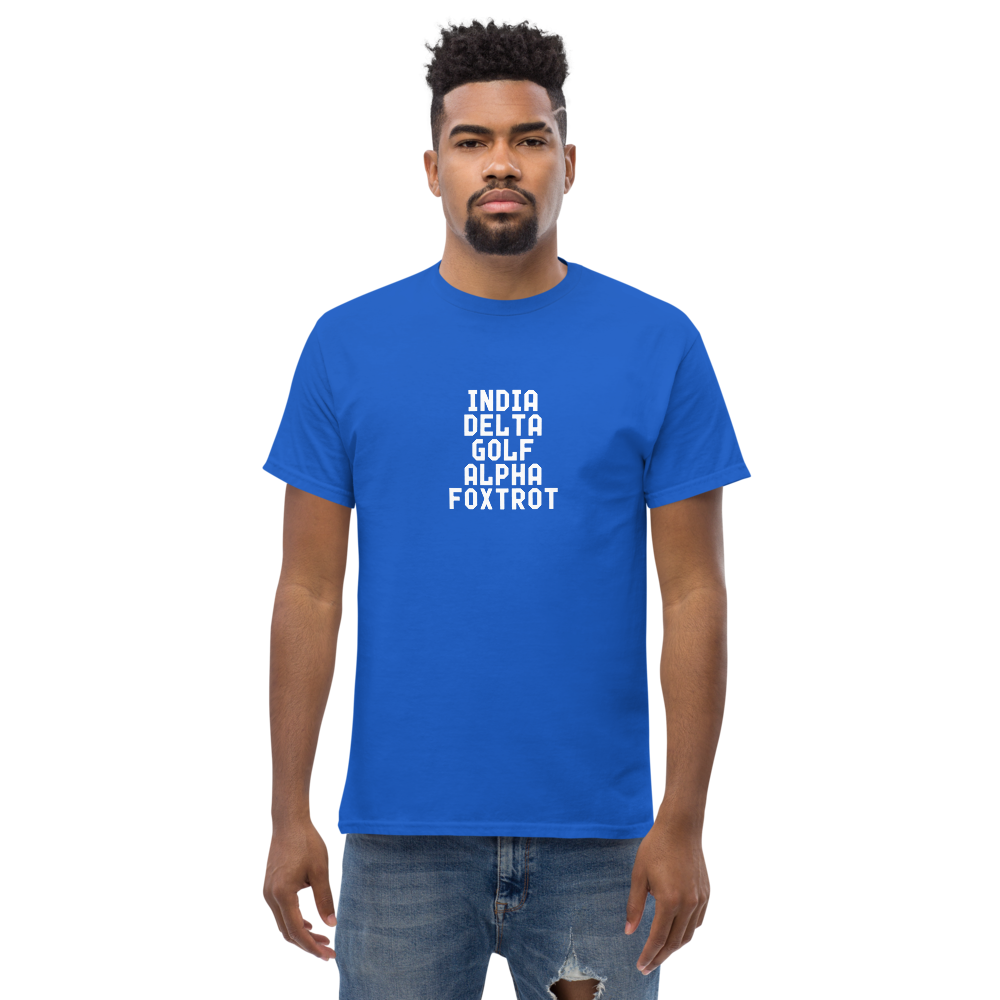 "India Delta Golf Alpha Foxtrot" printed on a royal unisex classic tee worn by a male