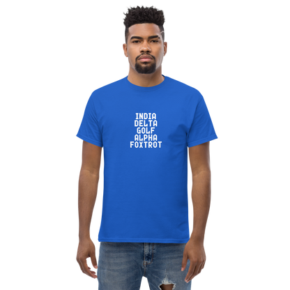 "India Delta Golf Alpha Foxtrot" printed on a royal unisex classic tee worn by a male