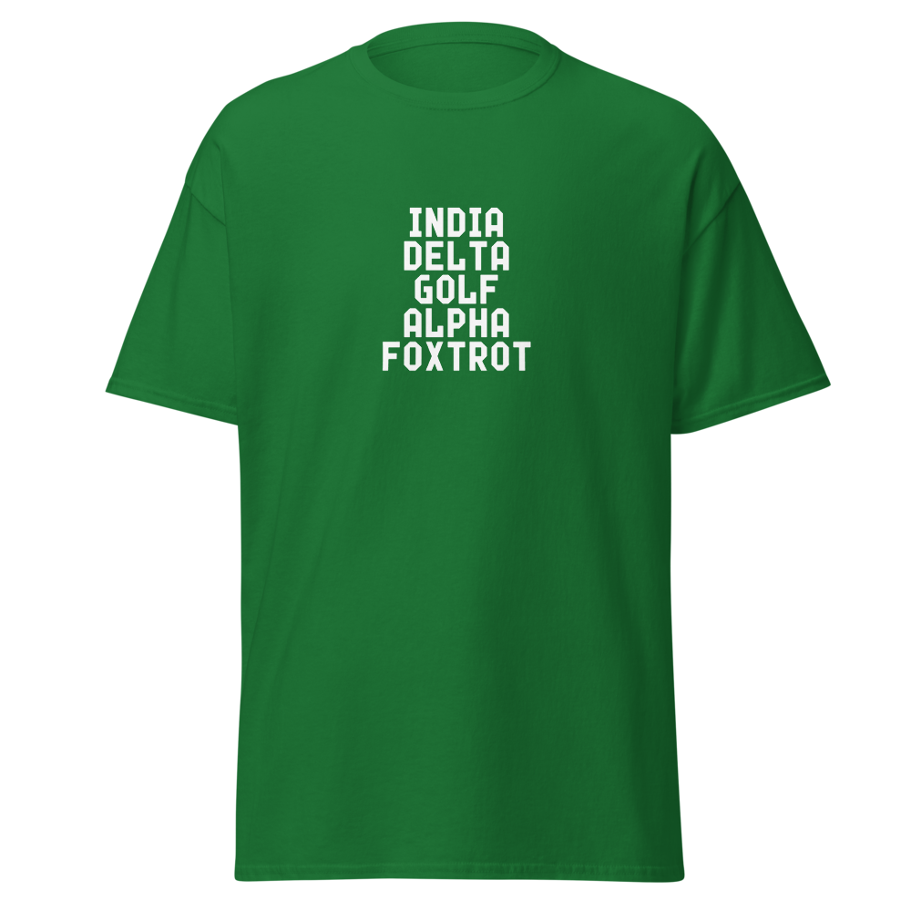 "India Delta Golf Alpha Foxtrot" printed on a turf green on an invisible body