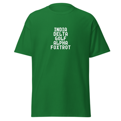 "India Delta Golf Alpha Foxtrot" printed on a turf green on an invisible body