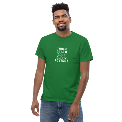 "India Delta Golf Alpha Foxtrot" printed on a turf green unisex classic tee worn by a male