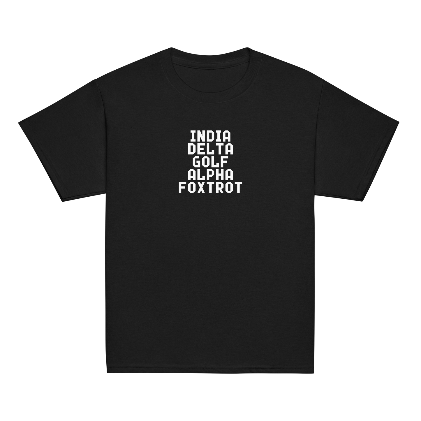 "India Delta Golf Alpha Foxtrot" printed on a black youth classic tee laying on a flat surface