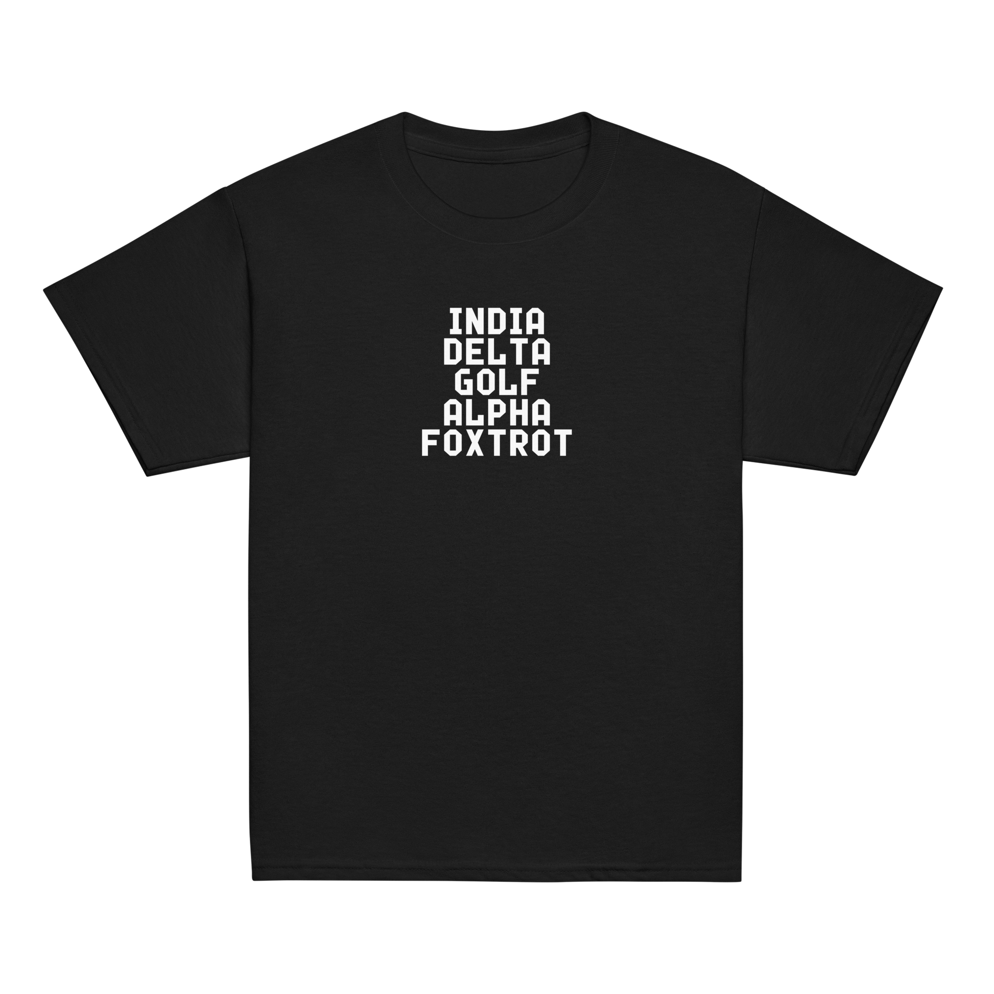"India Delta Golf Alpha Foxtrot" printed on a black youth classic tee laying on a flat surface