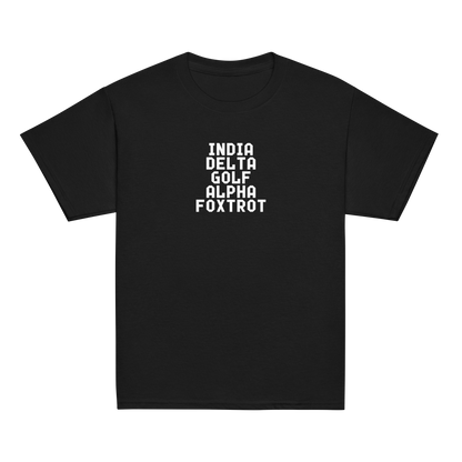 "India Delta Golf Alpha Foxtrot" printed on a black youth classic tee laying on a flat surface
